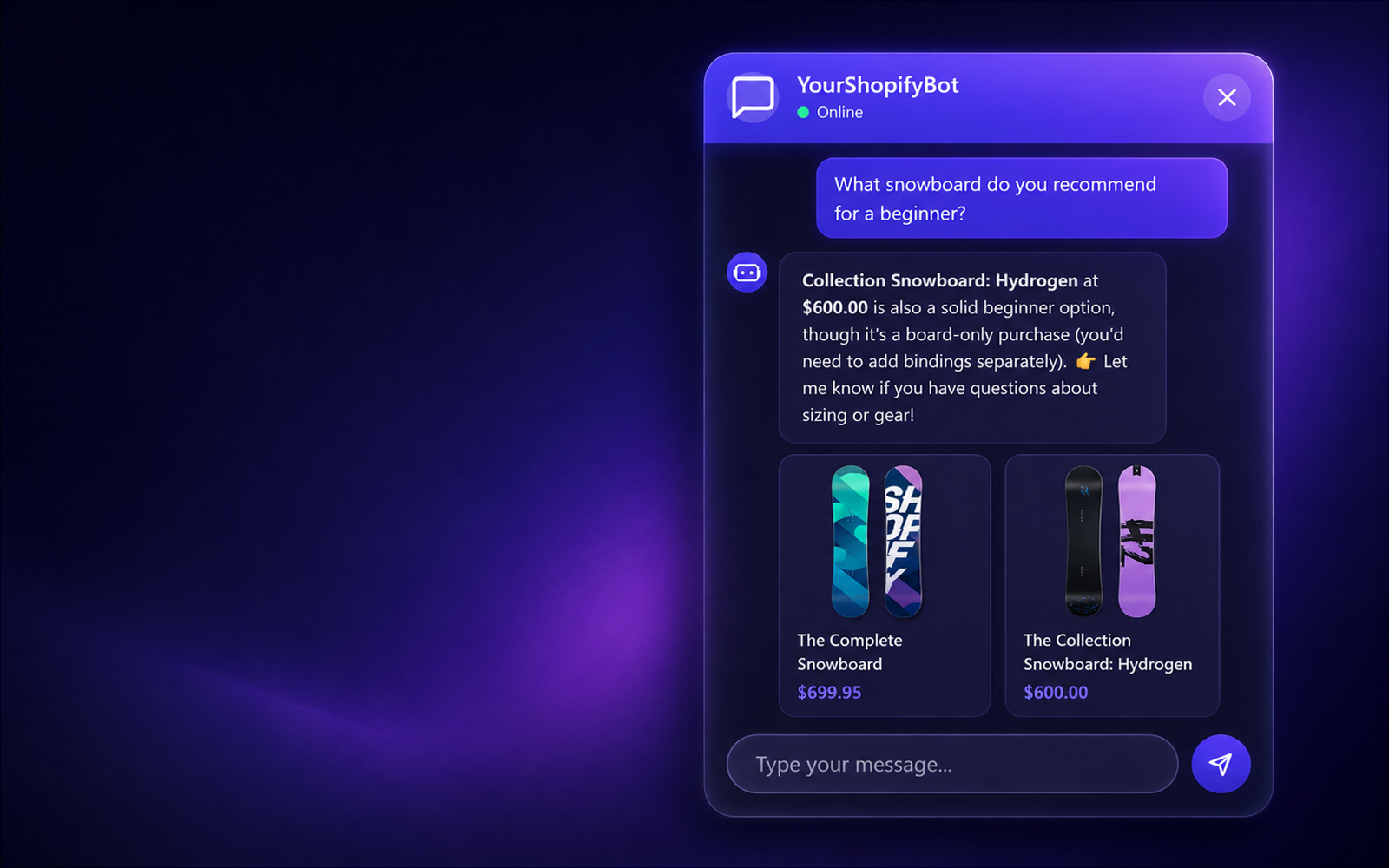 DBestChatBot's chat widget on a Shopify storefront recommending a snowboard with an image, price, and click-through product card.