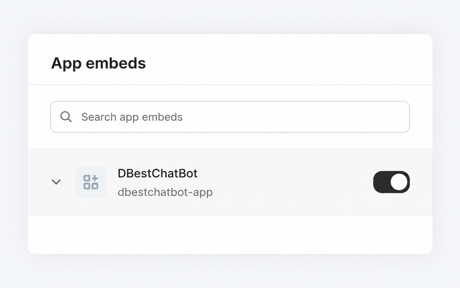 Shopify theme editor App embeds panel with DBestChatBot toggled on.
